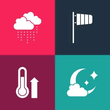 Set pop art Cloud with moon, Meteorology thermometer, Cone windsock wind vane Stock Illustration