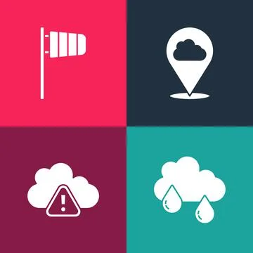 Set pop art Cloud with rain, Storm warning, Location cloud and Cone windsock Illustrazione stock