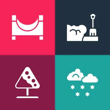 Set pop art Cloud with snow, Road sign avalanches, Shovel in snowdrift and Skate Stock Illustration