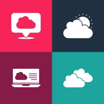 Set pop art Cloud, Weather forecast, Sun and cloud weather and Location icon Illustrazione stock