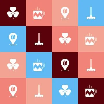 Set pop art Clover, Cup of tea, Location with leaf and Garden rake icon. Vector Stock Illustration