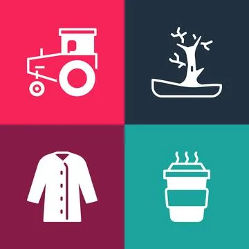 Set pop art Coffee cup to go, Raincoat, Bare tree and Tractor icon. Vector Stock Illustration