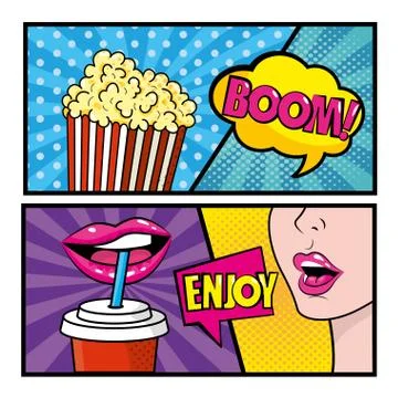Set of pop art comic with popcorn and woman drinking soda with messages 스톡 일러스트