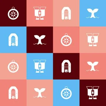 Set pop art Compass, Binoculars, Inflatable boat with motor and Whale tail icon Illustration