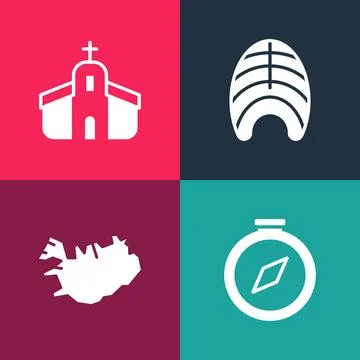 Set pop art Compass, Map of Iceland, Fish steak and Church building icon. V.. Ilustración de archivo