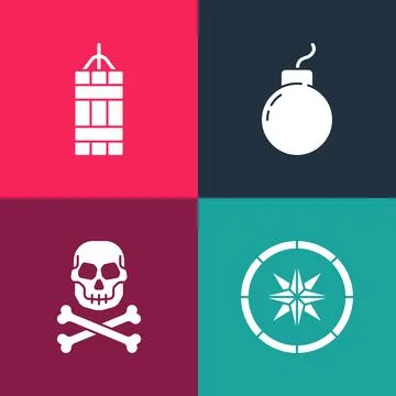Set pop art Compass, Skull on crossbones, Bomb ready to explode and Dynamite Stockillustratie