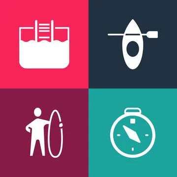 Set pop art Compass, Surfboard, Kayak and paddle and Swimming pool with lad.. Stock Illustration