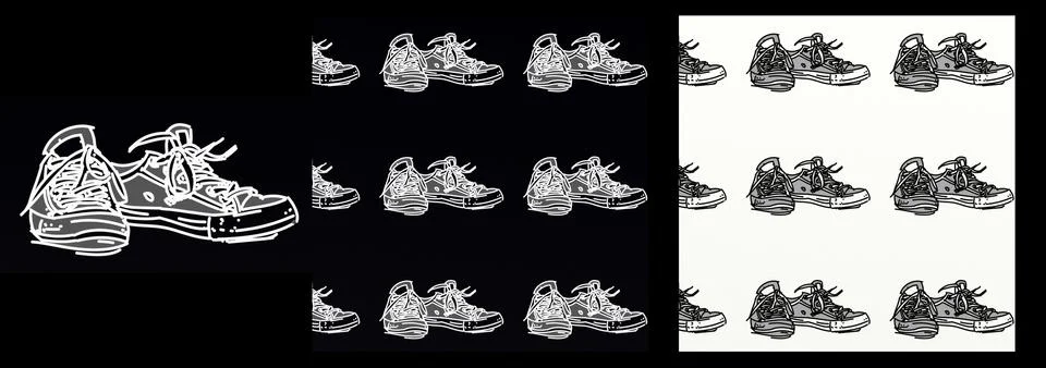 A set, of a pop art composition. a pair of tennis shoes Stock Illustration