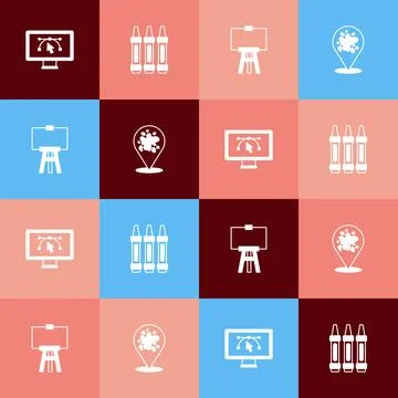 Set pop art Computer with design program Wax crayons for drawing Wood easel a イラスト素材