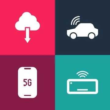 Set pop art Computer keyboard, Mobile with 5G, Smart car system and Cloud Stock Illustration