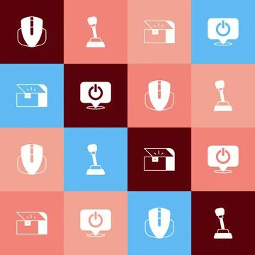Set pop art Computer mouse, Gear shifter, Chest for game and Power button icon Stock Illustration