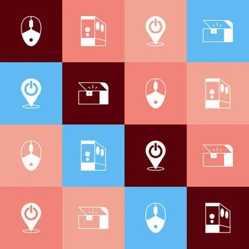 Set pop art Computer mouse, Case of computer, Power button and Chest for game Stock Illustration