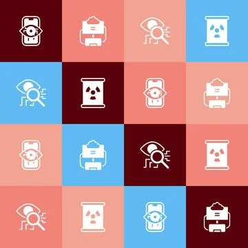 Set pop art Computer vision, Cloud database, Eye scan and Radioactive waste in イラスト素材