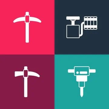 Set pop art Construction jackhammer, Pickaxe, Handle detonator and icon. Vector Illustration