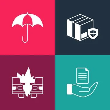 Set pop art Contract in hand, Car accident, Delivery security with shield and Stock Illustration