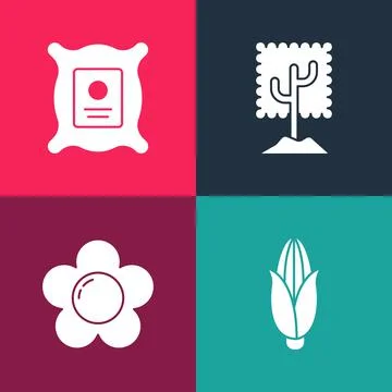 Set pop art Corn, Flower, Tree and Pack full of seeds of plant icon. Vector Stock Illustration