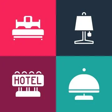 Set pop art Covered with tray, Signboard text Hotel, Table lamp and Bedroom icon Illustrazione stock