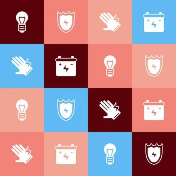 Set pop art Creative lamp light idea, Lightning and shield, Electric glove an Stock Illustration