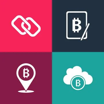 Set pop art Cryptocurrency cloud mining, Bitcoin, Mining bitcoin from tablet and Stock Illustration