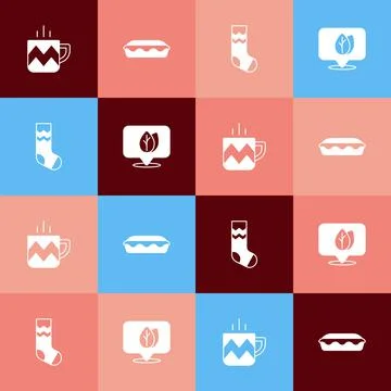Set pop art Cup of tea, Homemade pie, Socks and Location with leaf icon. Vector Stock Illustration