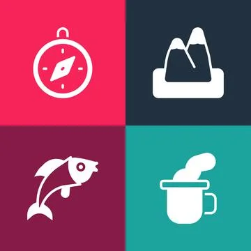 Set pop art Cup of tea, Fish, Mountains and Compass icon. Vector イラスト素材