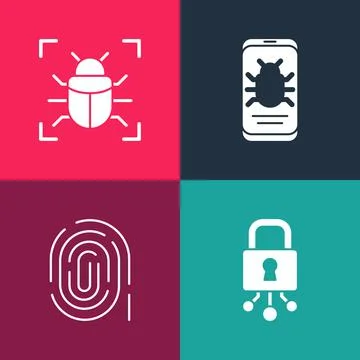 Set pop art Cyber security, Fingerprint, System bug on mobile and icon. Vector Illustrazione stock
