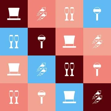 Set pop art Cylinder hat, Firework rocket, Bowling pin and Lollipop icon. V.. Stock Illustration