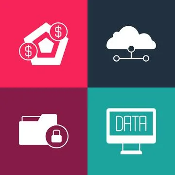 Set pop art Data analysis, Folder and lock, Network cloud connection and Fina Stockillustratie