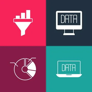 Set pop art Data analysis, Pie chart infographic, and Sales funnel with icon Stock Illustration