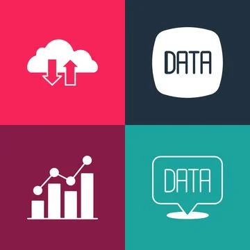 Set pop art Data analysis, Pie chart infographic, and Cloud download and upload Stockillustratie