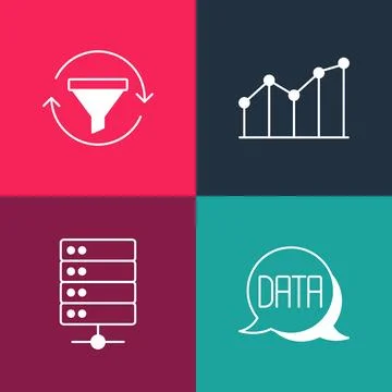 Set pop art Data analysis, Server, Pie chart infographic and Sales funnel w.. Illustrazione stock