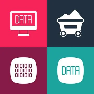 Set pop art Data analysis, Binary code, Coal mine trolley and icon. Vector Stock Illustration