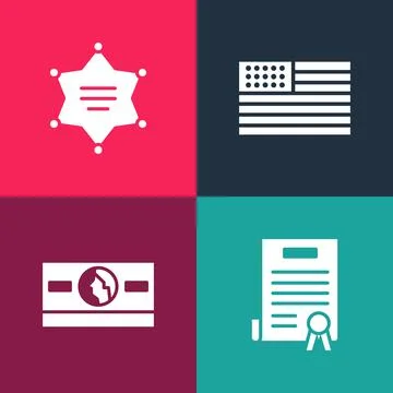 Set pop art Declaration of independence, Stacks paper money cash, American flag 스톡 일러스트