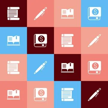 Set pop art Decree, parchment, scroll, Pen, Open book and Financial icon. Vector Illustrazione stock