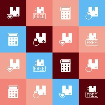 Set pop art Delivery security with shield, Cardboard box free symbol, Calculator Illustrazione stock