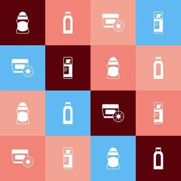 Set pop art Deodorant roll, Bottle of shampoo, Sunscreen cream in tube and Illustration