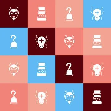 Set pop art Devil head, Bottle with potion, Pirate hook and Spider icon. Vector 스톡 일러스트