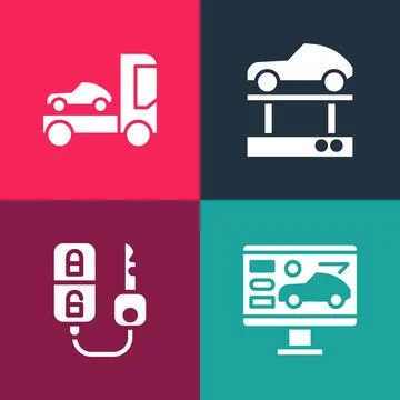 Set pop art Diagnostics condition of car, Car key with remote, Repair lift and Illustrazione stock