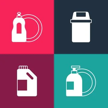 Set pop art Dishwashing liquid bottle, Bottle for cleaning agent, Trash can.. Stock Illustration
