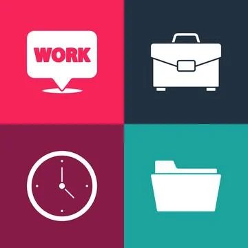 Set pop art Document folder, Clock, Briefcase and Location with text work icon Stock Illustration