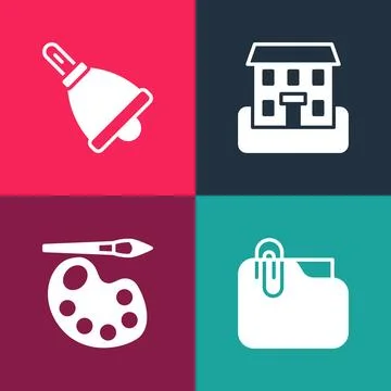 Set pop art Document folder with clip, Paint brush palette, School building and Ilustración de archivo