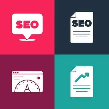 Set pop art Document with graph chart, Website statistic, SEO optimization and Stock Illustration