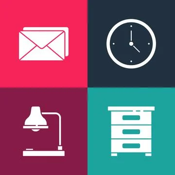 Set pop art Drawer with documents, Table lamp, Clock and Envelope icon. Vecto Stock Illustration