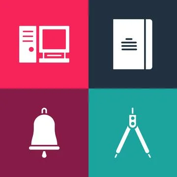 Set pop art Drawing compass, Ringing bell, Spiral notebook and Computer monitor Stock Illustration