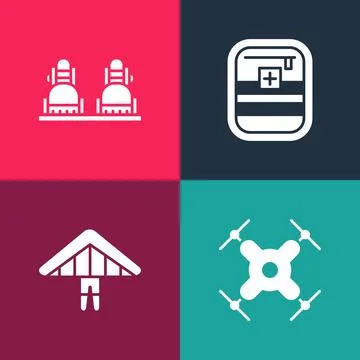 Set pop art Drone flying, Hang glider, First aid kit and Snowboard icon. Vector Stock Illustration