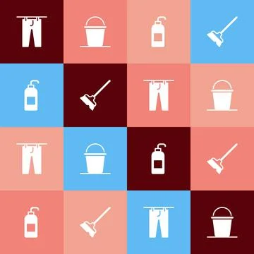 Set pop art Drying clothes, Bucket, Antibacterial soap and Mop icon. Vector Stock-Illustration