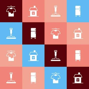 Set pop art Drying clothes, House, Rubber cleaner for windows and Refrigerator Stock Illustration