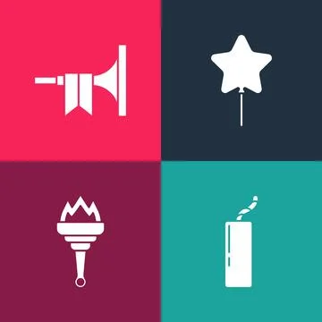 Set pop art Dynamite bomb, Torch flame, Balloon and Trumpet icon. Vector Stock Illustration
