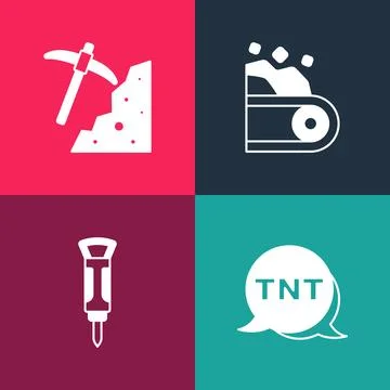 Set pop art Dynamite, Construction jackhammer, Conveyor belt carrying coal .. 스톡 일러스트