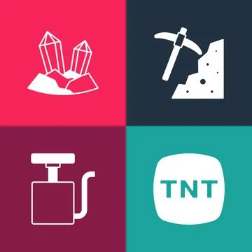 Set pop art Dynamite, Handle detonator, Pickaxe and Gem stone icon. Vector 库存插图
